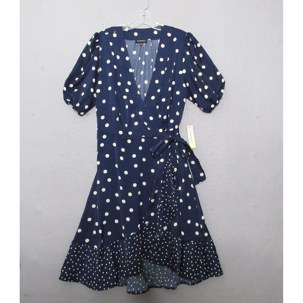 Summersalt Wrap Dress 14 Navy Polka Dot Beach to Brunch Ruffle Puff Sleeve NWT